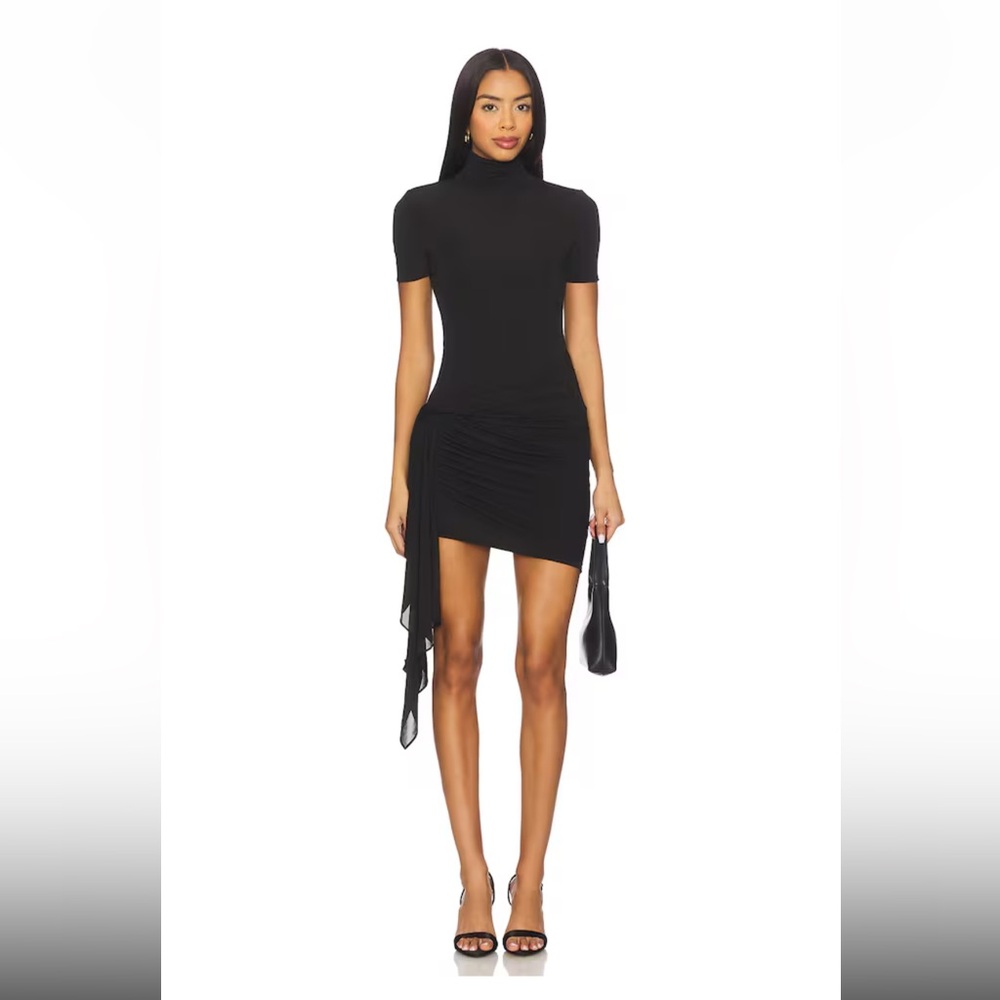 Ronny Kobo Collection Black Short Sleeve Turtleneck Ruched Mini Dress M